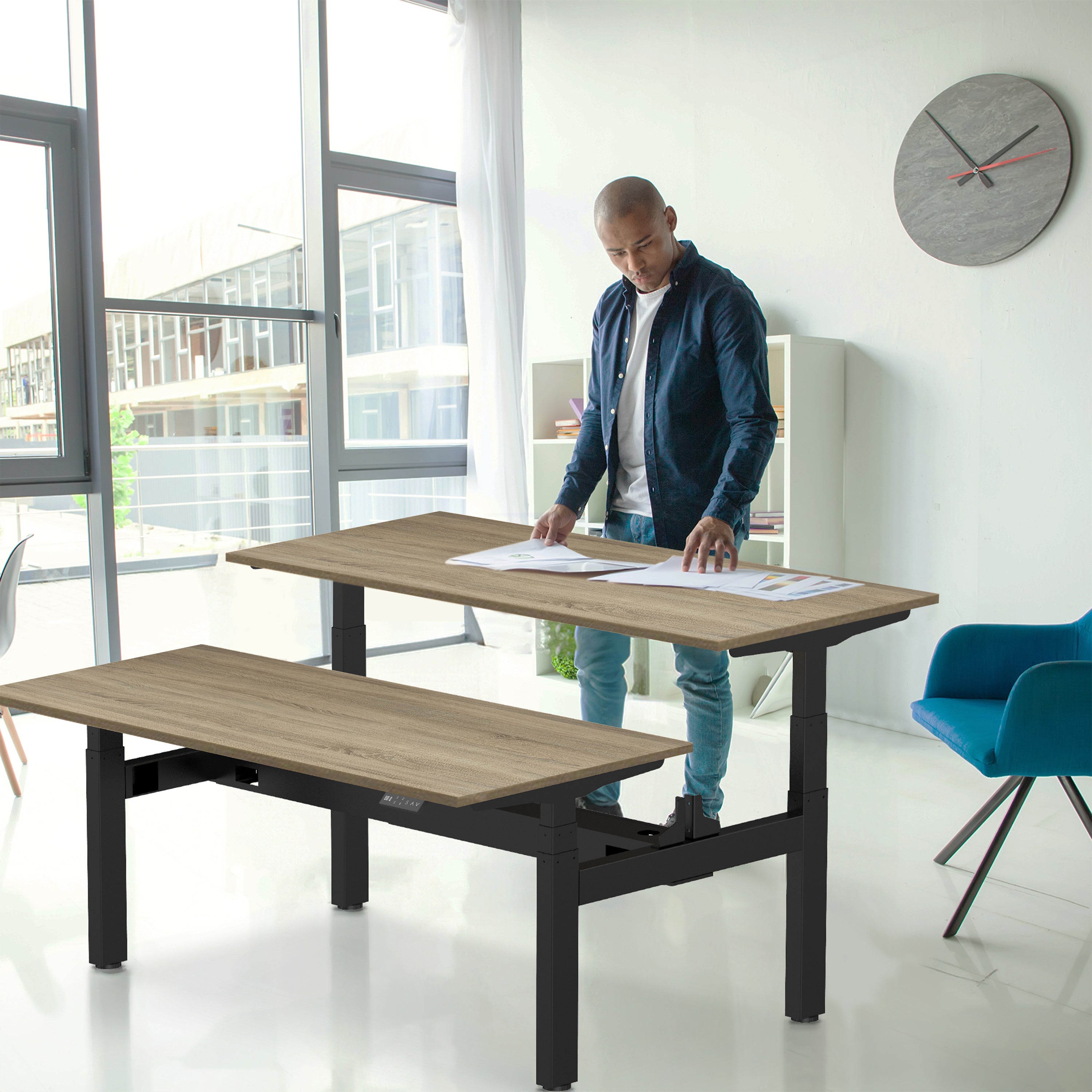 Sitz-Steh-Schreibtisch S4 140x80 Weiß / Echtholz Eiche