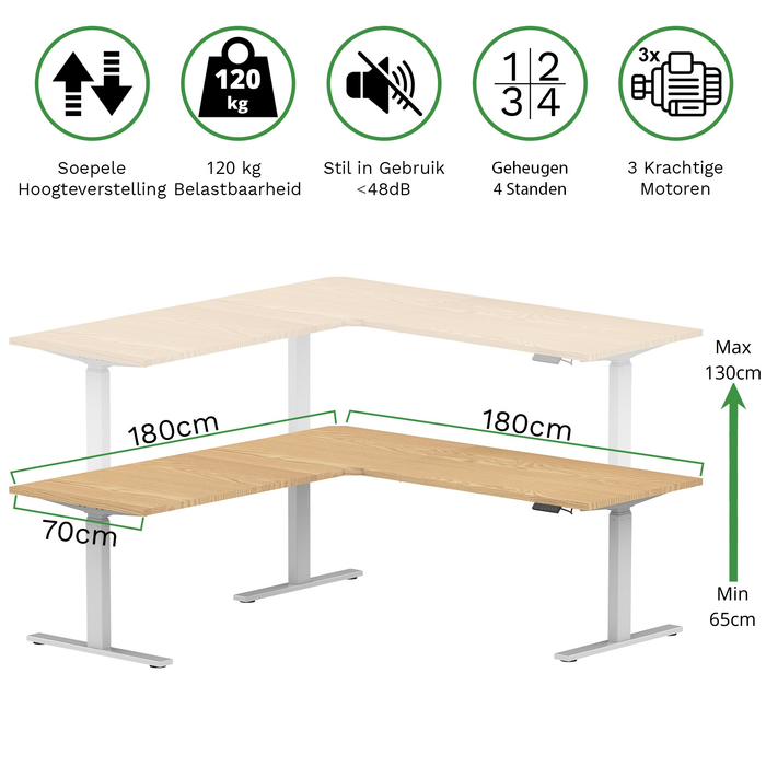 Zit-sta hoekbureau 180x180x70 Wit / Naturel eiken