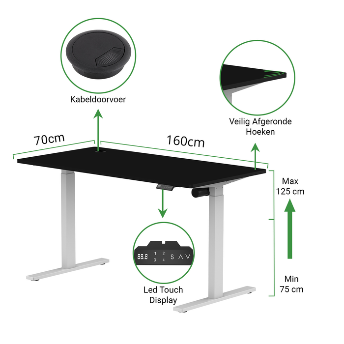Sitz-Steh-Schreibtisch S1 140x70 Weiß / Intensives Schwarz