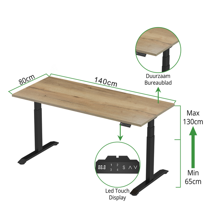 Zit-sta bureau S2 140x80 Zwart / Authentiek eiken