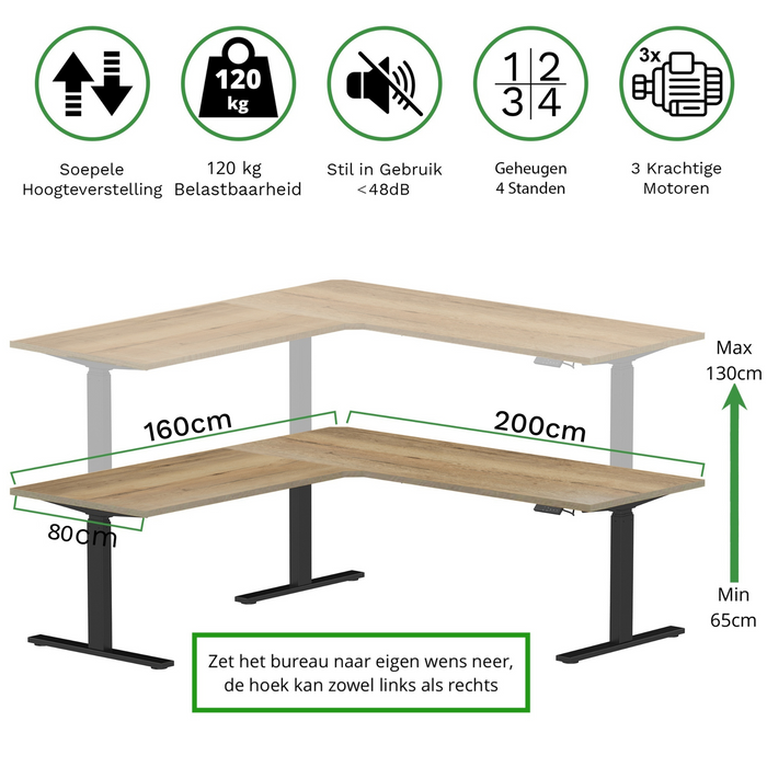 Zit-sta hoekbureau 200x160x80 Zwart / Authentiek eiken