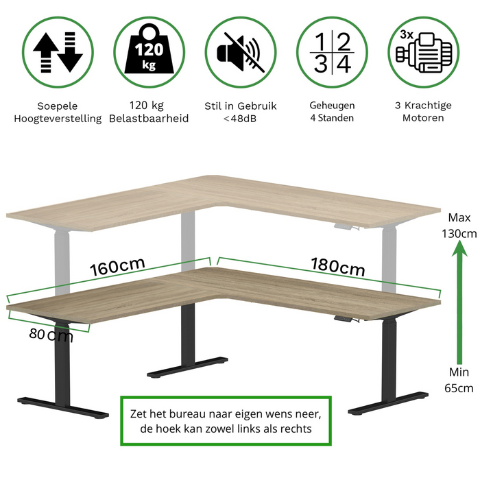 Zit-sta hoekbureau 180x160x80 Zwart / Grijs eiken