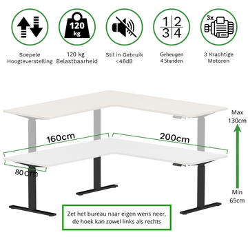 Sitz-Steh-Eckschreibtisch 200x160x80 Schwarz / Reinweiß
