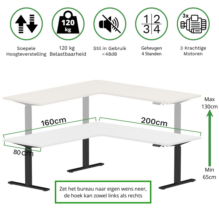Zit-sta hoekbureau 200x160x80 Zwart / Puur wit