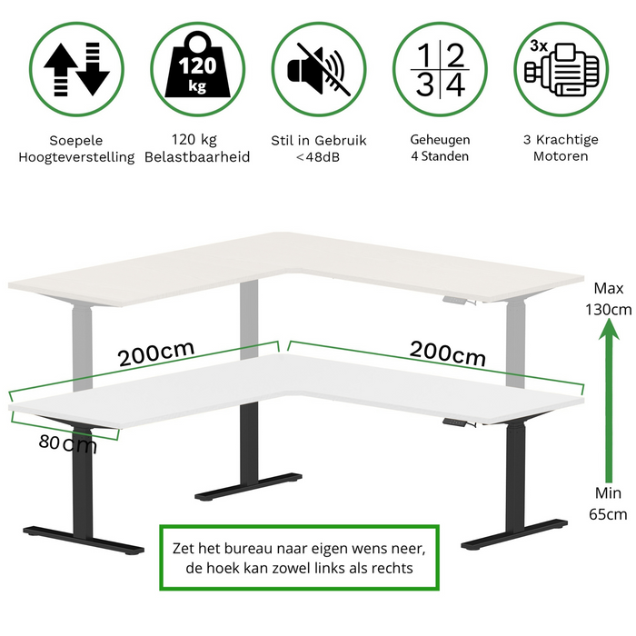 Zit-sta hoekbureau 200x200x80 Zwart / Puur wit