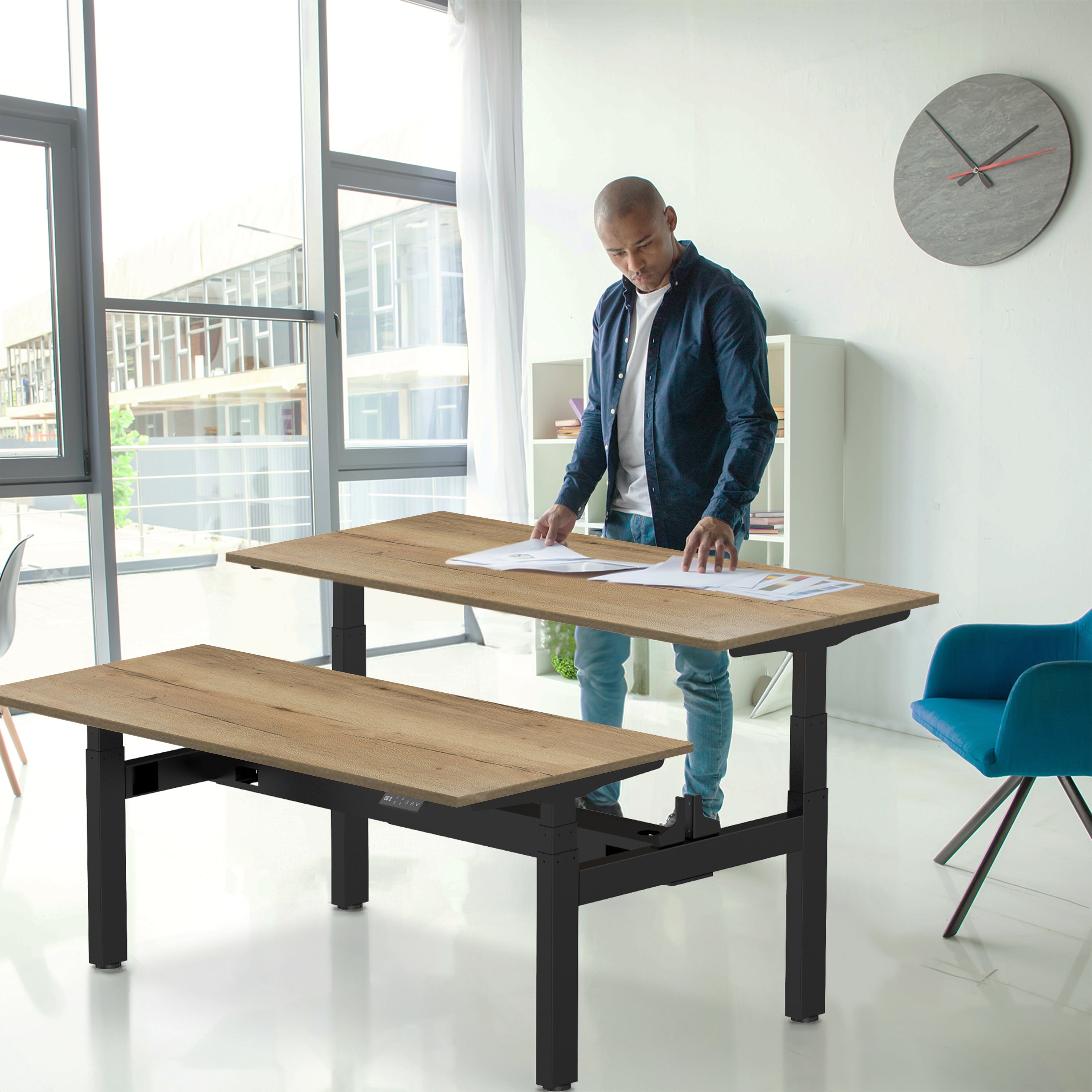 Sitz-Steh-Schreibtisch S4 140x80 Weiß / Echtholz Eiche 