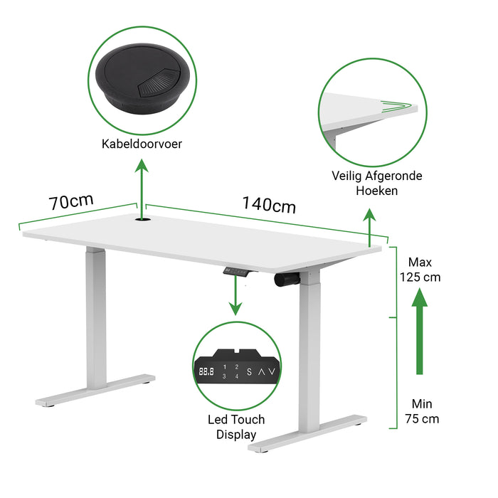 Zit-sta bureau S1 140x70 Wit / Puur wit